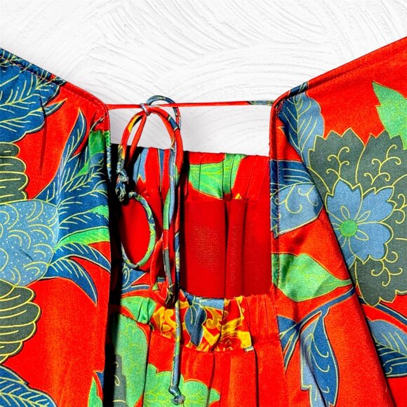 Y2K Designer Joy Han 100% Silk, Floral & Bird Print Red Dress - Picture 7 of 11